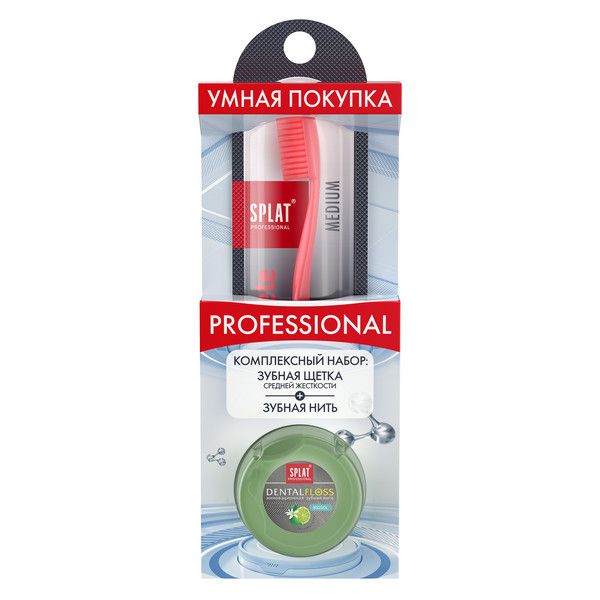 Набор Щетка зубн. Профешнл Ультра Комплит cредняя+Нить зубн. объемная бергамот, лайм DentalFloss Splat/Сплат 30м